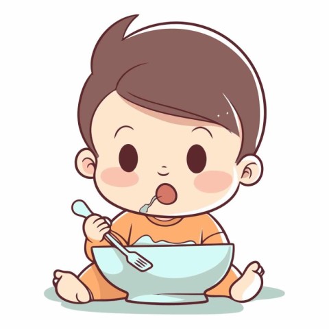 Cute little baby boy eating a bowl of food vector illustration.