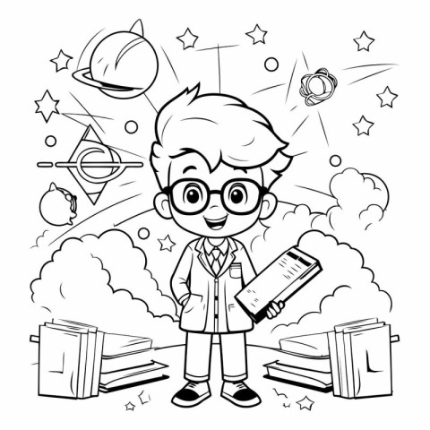 Black and white vector illustration of a boy in a science class.