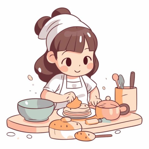 Illustration of a Cute Little Girl Baking in the Kitchen