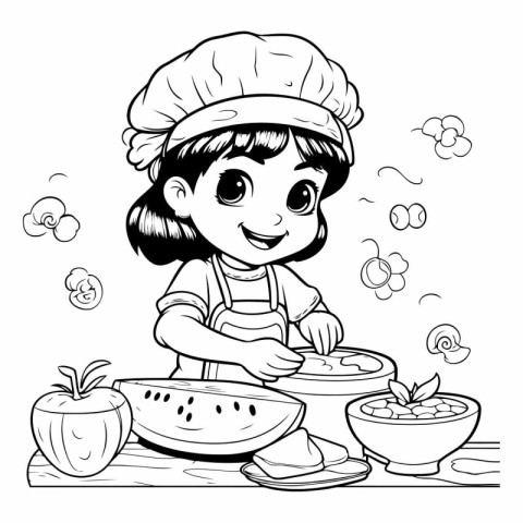 Black and White Cartoon Illustration of Cute Little Girl Cooking