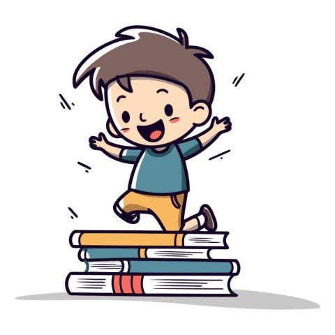 Boy jumping on pile of books in cartoon style.