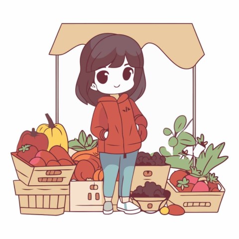 Cute little girl buying fruits and vegetables at market.