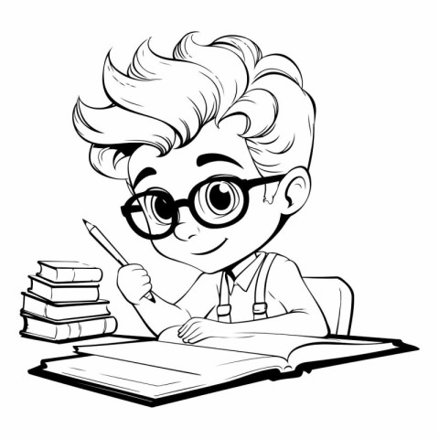 Vector illustration of a boy with glasses writing on a book with