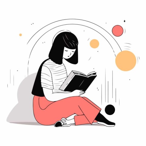 Young woman reading a book in doodle style.