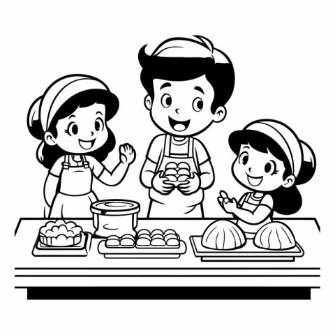 Family cooking in the kitchen black and white vector illustratio