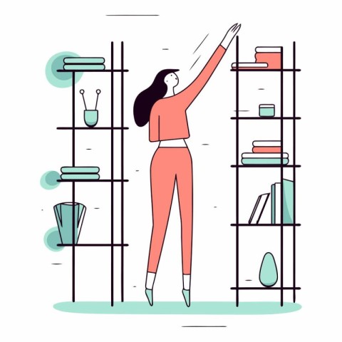 Vector illustration of a woman standing at the bookshelf in offi