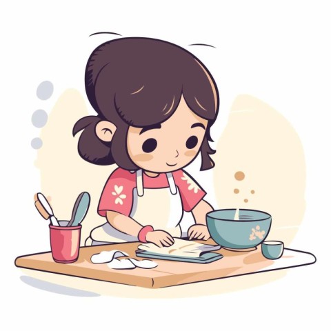 Cute little girl making cookies in cartoon style.