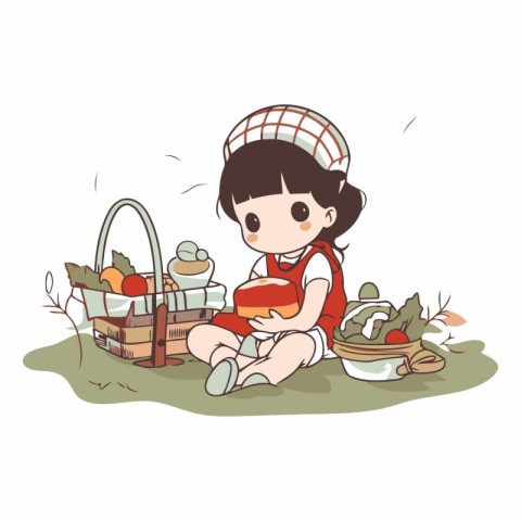 Illustration of a Cute Little Girl Harvesting Her Vegetables