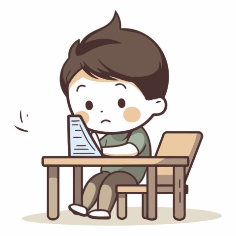 Boy studying at desk with laptop and book. Vector cartoon illust