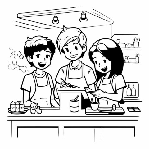 Family cooking together at the kitchen. black and white vector i