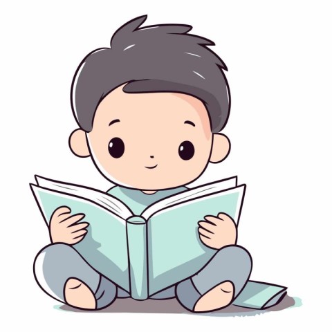 Illustration of a Cute Little Boy Sitting and Reading a Book