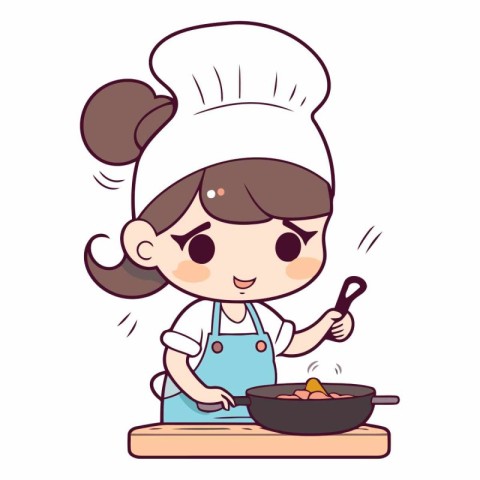 Cute little chef girl cooking in the kitchen.