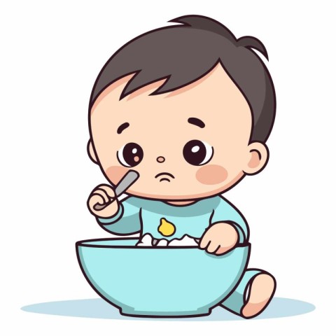 Baby boy eating with spoon in bowl. Vector cartoon character ill