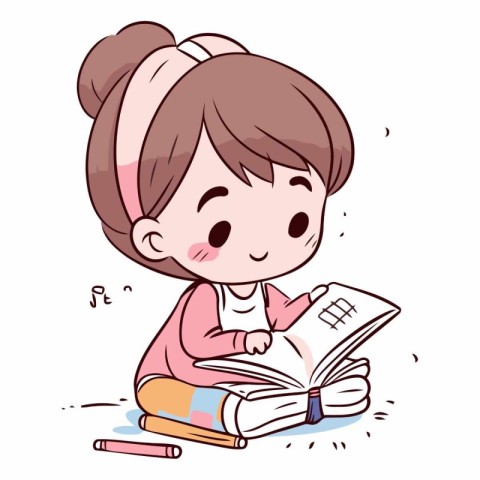 Illustration of a Cute Little Girl Reading a Book - Vector