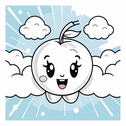 Cute apple cartoon with clouds and sky.