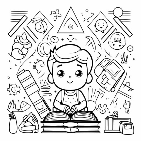 Vector illustration of a boy reading a book. Coloring book for c