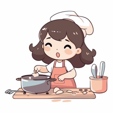 Illustration of a Cute Girl Cooking in the kitchen. Vector