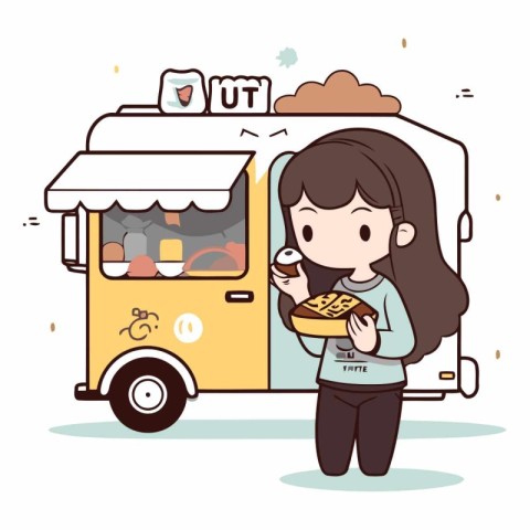 Illustration of a girl eating a hot dog on a street food truck