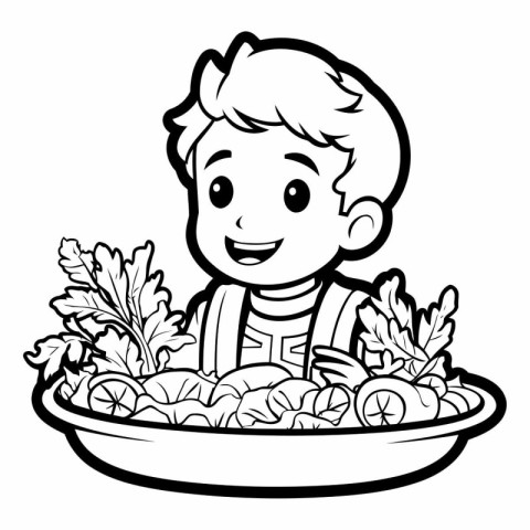 Black and White Cartoon Illustration of Boy Eating Vegetable Sal