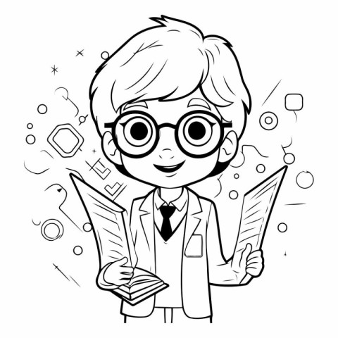 Black and White Cartoon Illustration of Boy Student or Professor