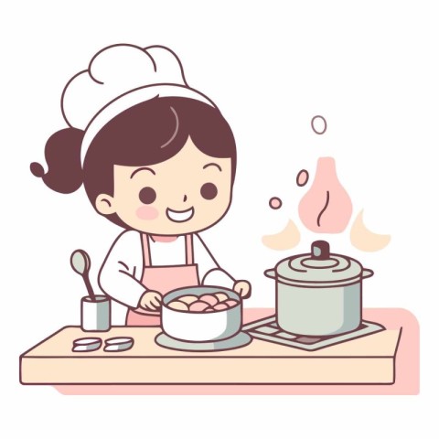 Cute little chef girl cooking in the kitchen.