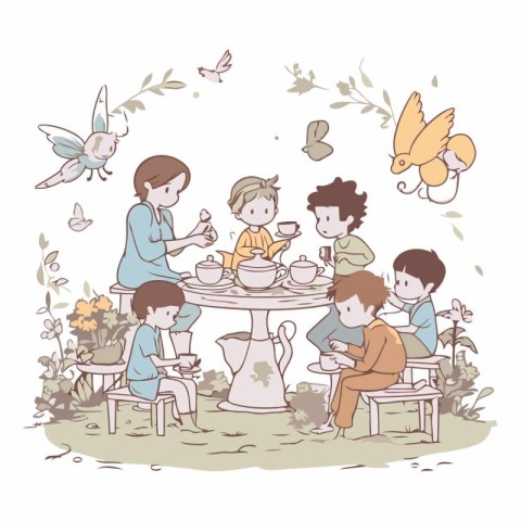 Illustration of a group of children sitting at a table and eatin