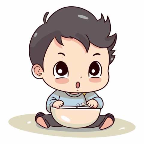 Cute little boy eating a bowl of food.