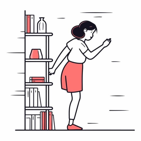 Woman standing at the bookshelf in linear style