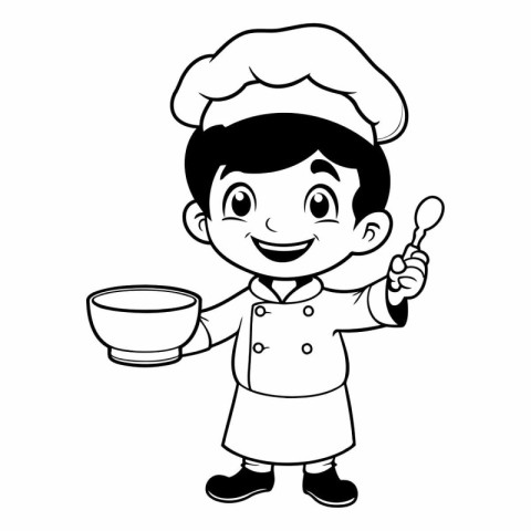 chef boy with ladle and bowl cartoon vector illustration graphic