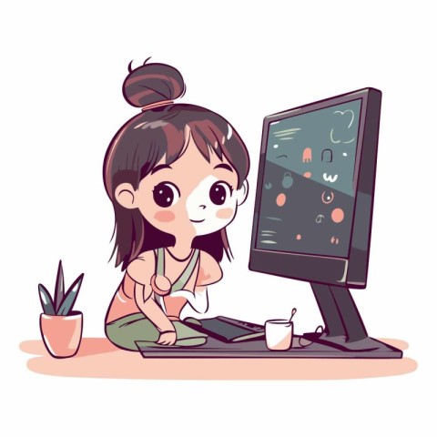 Cute little girl playing computer games in cartoon style.