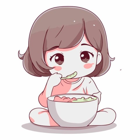 Illustration of a Cute Little Girl Eating a Bowl of Soup