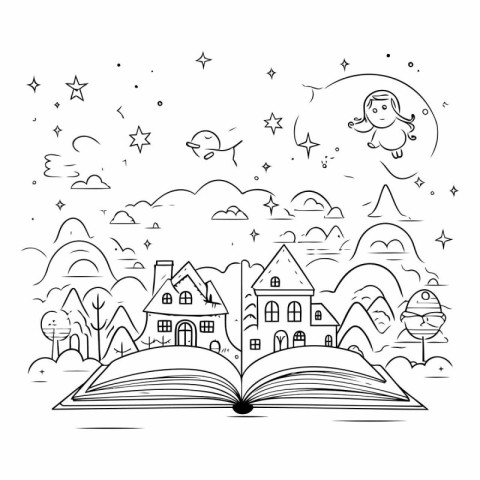 Open book with fairy tale and houses on the hill