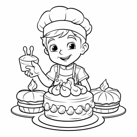 Coloring Page Outline Of a Cute Little Boy Chef With Cake