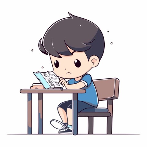 Boy reading a book at the school desk in cartoon style.