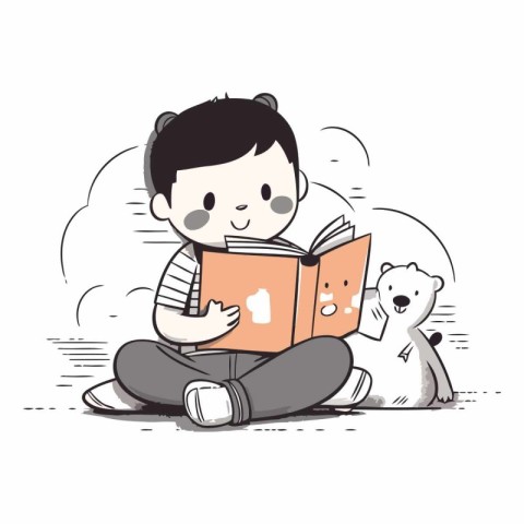 Cute boy reading a book with cat and dog on the background