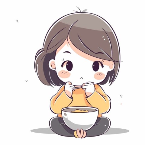 Illustration of a Little Girl Eating Noodles in a Bowl