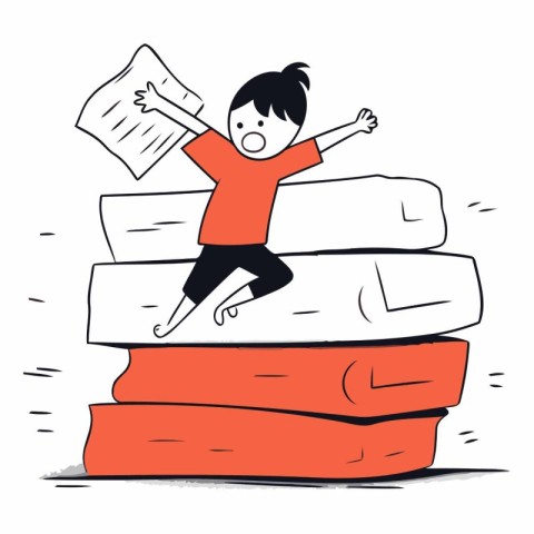 Kid jumping over stack of books. Vector hand drawn cartoon illus