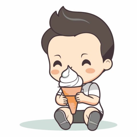 Cute boy eating ice cream character cartoon vector illustration