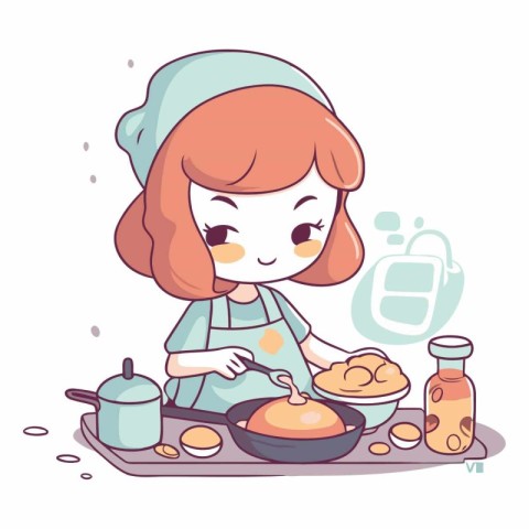 Illustration of a little girl cooking in the kitchen