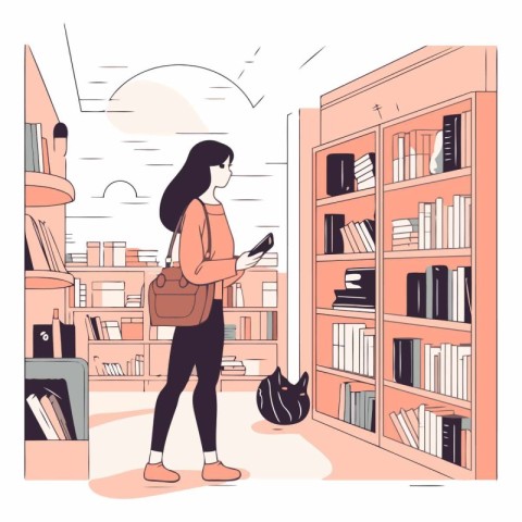 Young woman using smartphone at library in flat cartoon style