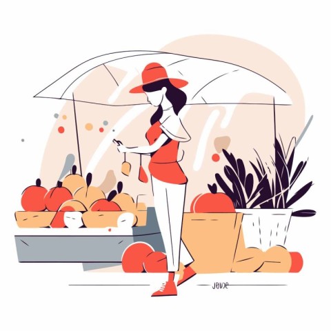 Vector illustration of a woman in a hat standing near a market s