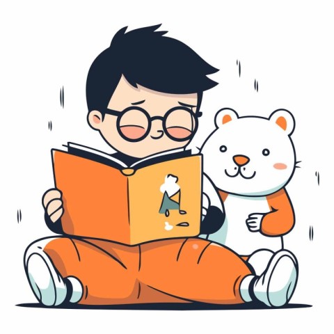 Cute boy reading a book with a cat.