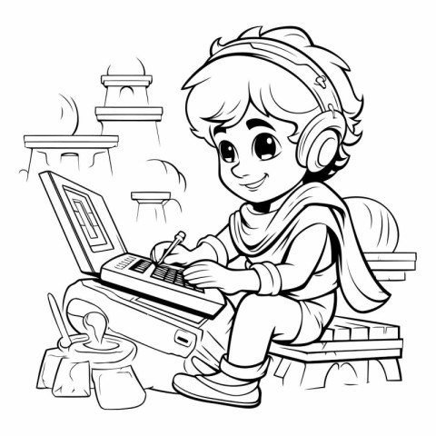 Boy playing video games. Black and white vector illustration for