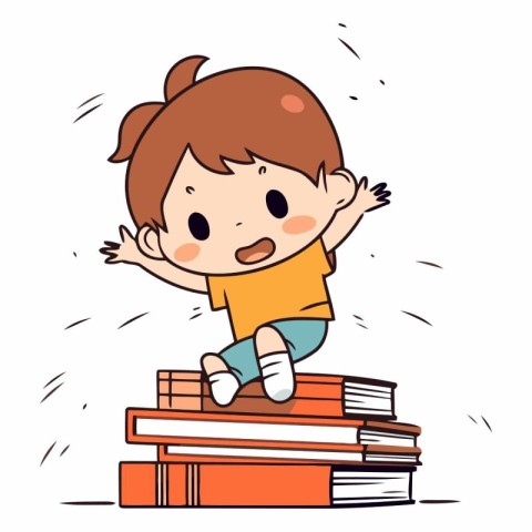 Girl sitting on pile of books of a cute little girl.