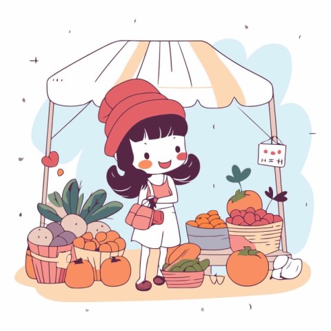 Illustration of a Cute Girl Shopping at the Farmers Market.