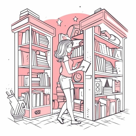 Vector illustration of a woman reading a book in a book store.