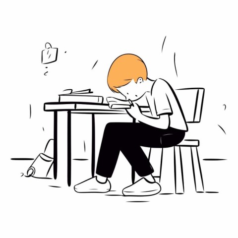 Boy sitting at the table and studying in sketch style.