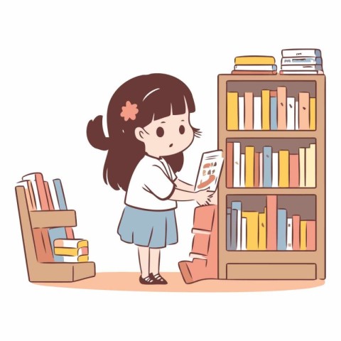 Girl reading a book in the library. Cute cartoon vector illustra