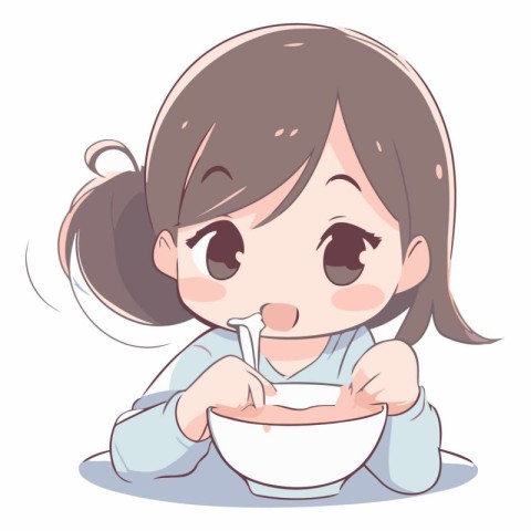 Illustration of a Cute Girl Eating a Bowl of Milk.