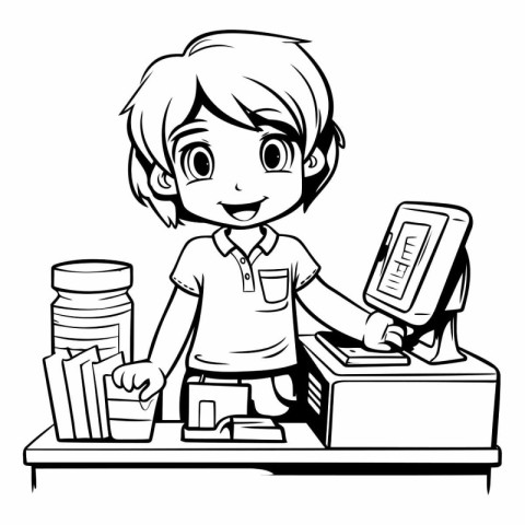 Black and White Cartoon Illustration of Kid Boy Buying Food at G